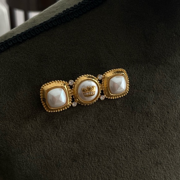 Vintage Fendi Crown Logo Faux Pearl Rhinestone Gold Bar Brooch Collectible